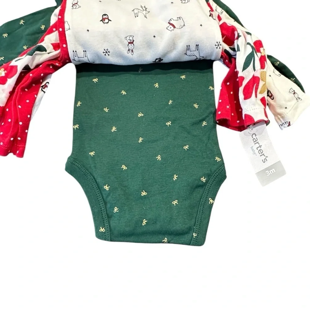 Carter’s NWT 4-Pack Christmas Bodysuits Long Sleeve Girls NB 3M